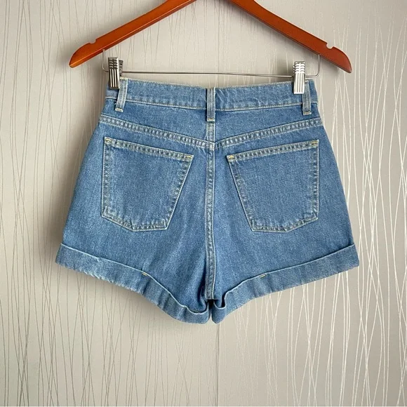 American Apparel High Rise Hi Waisted Denim Cuffed Jean Shorts Summer Wash Blue - Picture 6 of 11
